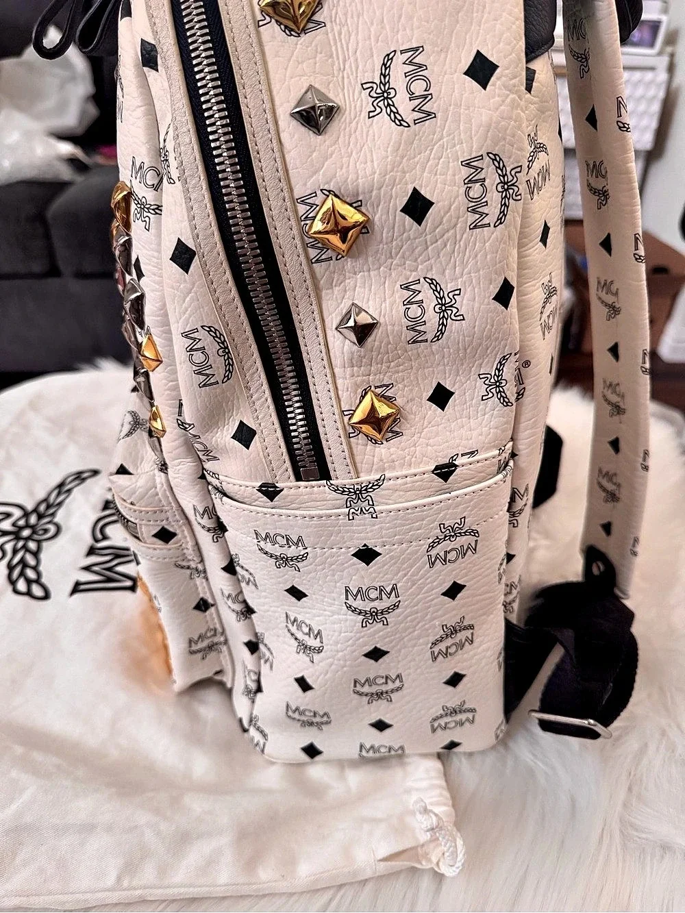 MCM Stark Side Studs Backpack in White & Black